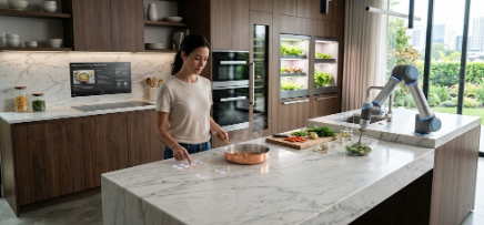 featuring adaptive automation technology and an invisible induction cooktop under a stone counter.A modern kitchen
