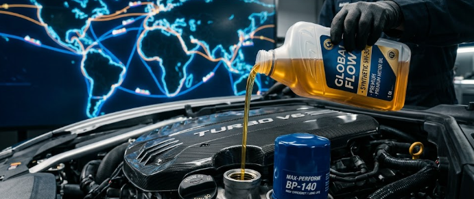  A premium engine oil bottle and synthetic filter demonstrating how to combat the global motor oil deficit.