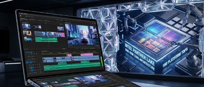 A sleek dual-screen laptop showcasing the Intel Panther Lake Dual-OLED laptop battery life efficiency.