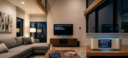 A sleek modern living room controlled by Local-First Smart Homes technology showing a hub processing data without a cloud connection.
