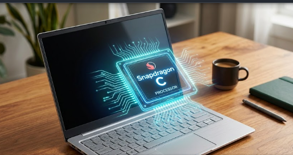  A thin fanless budget laptop powered by Qualcomm Snapdragon C chips on a desk.
