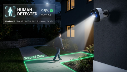  A high-tech smart home using AI-driven deterrence cameras to secure the perimeter with spotlights.
