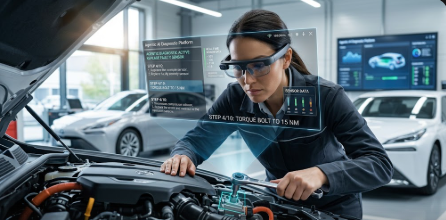 A mechanic using Agentic AI Diagnostic Platforms and AR glasses to repair a modern vehicle engine.
