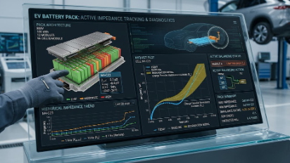  A high-tech digital interface showing Active Impedance Tracking data for an electric vehicle battery pack.