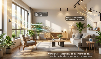A modern living room featuring Battery-Free Smart Home Sensors harvesting energy from ambient indoor light.
