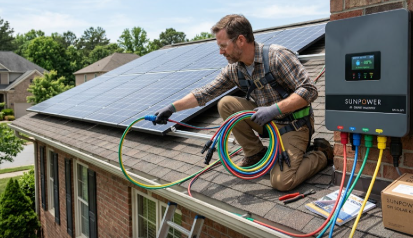 A homeowner installing a DIY solar kit featuring modern AI-driven Smart Inverters with color-coded plug-and-play cables.
