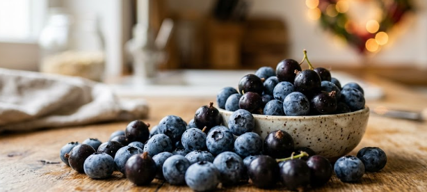 Fresh wild blueberries and blackcurrants containing antioxidants that block arterial stiffening.