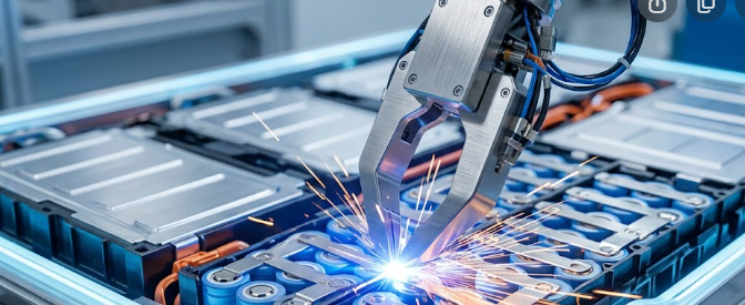 Robotic autonomous diagnostic tongs performing localized EV battery repairs on an open battery pack