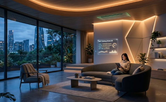 A futuristic living room representing a Self-Thinking Home where lighting and climate adjust automatically based on a person's presence.
