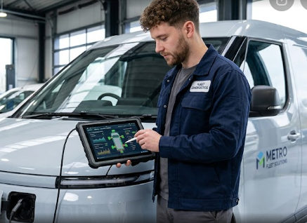 A technician performs Sensor Fusion Health Checks on a modern fleet vehicle using a digital tablet.
