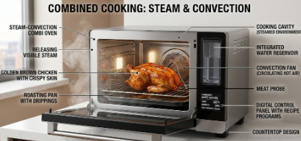 A sleek countertop Steam-Convection Combi Oven cooking a golden brown chicken with visible steam.

