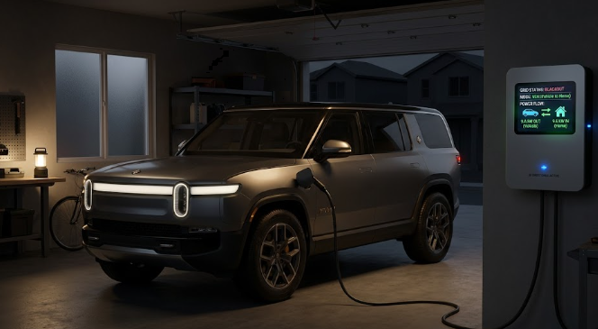 A sleek electric SUV parked in a garage connected to a wall-mounted Bi-Directional Ready DC charger, showing a digital display of power flowing into the home during a blackout.
