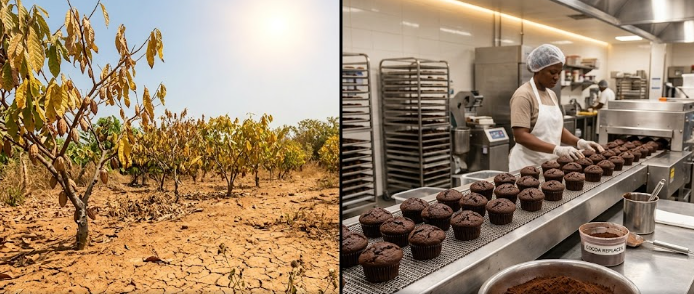 A split visual showing agricultural drought on one side and a modern baking facility using dark cocoa replacer powder to fix global cocoa deficits on the other side.