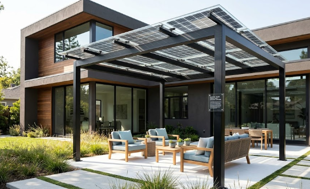  A modern residential home featuring Bifacial Solar Panels installed on a pergola to capture sunlight from both sides.
