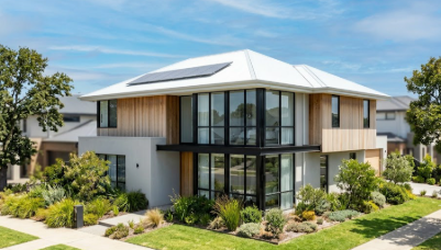 A modern residential building featuring High-Albedo Cool Roofs to improve energy efficiency.
