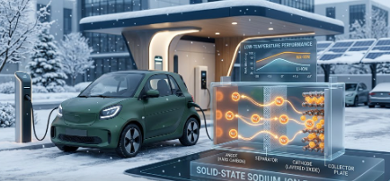  A compact electric car charging in the snow, illustrating why Sodium-Ion Batteries are 2026’s Answer to the Affordable EV.