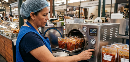 A food vendor monitoring countertop retort machine hardware to seal and preserve fresh pouches of stew.