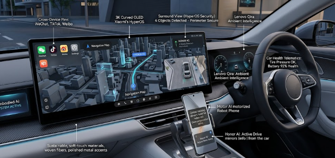  A futuristic car dashboard showing Honor’s Robot Phone and Xiaomi’s HyperOS integration with a navigation map.
