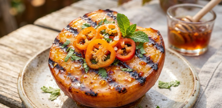 A delicious grilled peach showing off the popular Swicy flavor profile with honey and peppers.