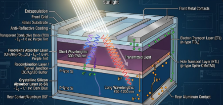 A cross-section diagram of Perovskite Tandem Cells showing the double-layer light absorption mechanism.

