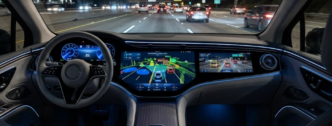 A digital display showing real-time software mapping and sensor fusion calibration in a modern software-defined vehicle.
