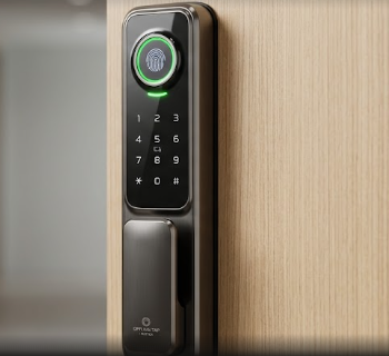 A modern apartment door featuring offline-tap smart locks with biometric sensors.
