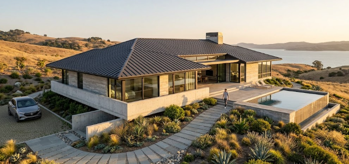 A modern home featuring flood-proof and fire-defensible luxury specs like metal roofing and permeable stone walkways.
