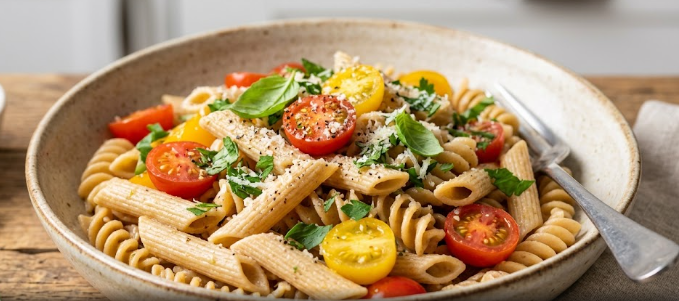  A bowl of freshly cooked hybrid protein pastas topped with fresh herbs and cherry tomatoes, showcasing a perfect al dente texture.
