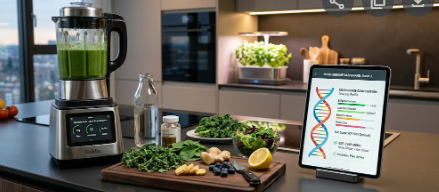 A futuristic kitchen setup illustrating the process of Anti-Inflammatory Food Reformulation for better healthspan.
