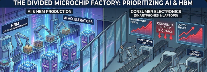 A conceptual graphic showing how factory shifts are increasing consumer tech prices for laptops and smartphones.