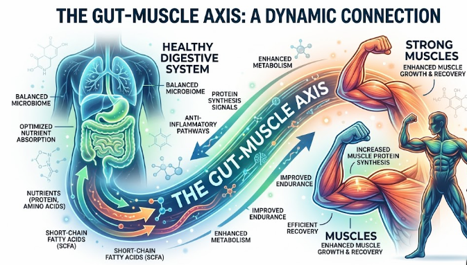 A conceptual illustration showing the connection between a healthy digestive system and strong muscles, representing the Gut-Muscle Axis.
