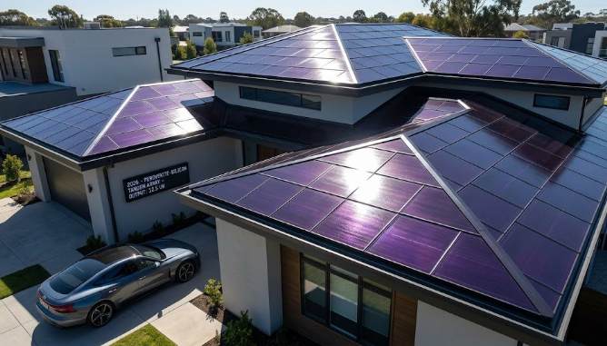  A modern residential roof featuring high-efficiency Perovskite-Silicon Tandem Cells capturing sunlight in 2026.