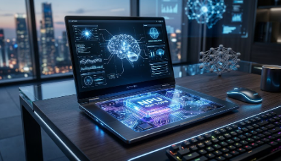 A high-end 2026 laptop showcasing a powerful NPU chip with 40+ TOPS performance.