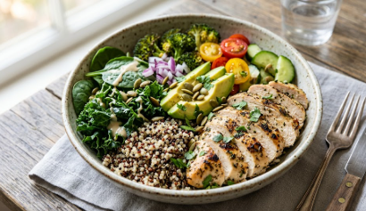 A colorful, high-protein meal bowl containing lean chicken, quinoa, and greens, representing muscle-preserving recipes for GLP-1 medication users.
