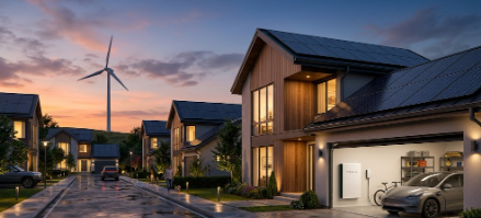 A modern home using Hybrid Solar-Wind-Battery Systems to provide 24/7 renewable energy.
