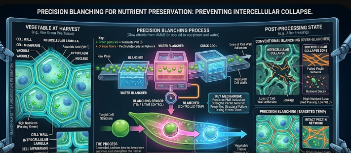 A diagram showing how precision blanching stops vegetable nutrient decay by preventing intercellular collapse in plant walls.