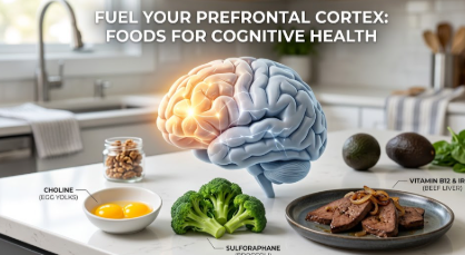 A professional medical graphic highlighting the human brain's prefrontal cortex next to healthy whole foods that prevent a deficiency in choline.
