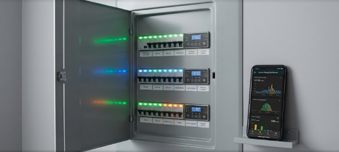 A modern home energy system featuring intelligent breaker panels with digital circuit tracking and a smartphone app interface.