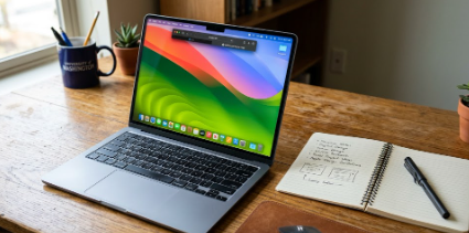 A silver MacBook Neo showing its thin profile on a student desk.
