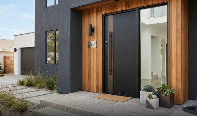 A modern home featuring a matte black Steel Front Door DIY project with biometric hardware.
