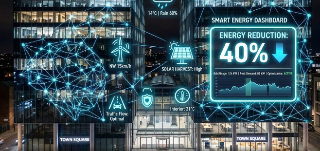 A modern commercial facility showing how AI-driven autonomous buildings optimize energy efficiency.
