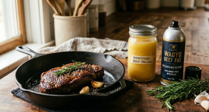 A modern kitchen counter showcasing a jar of grass-fed beef fat during the tallow takeover movement.
