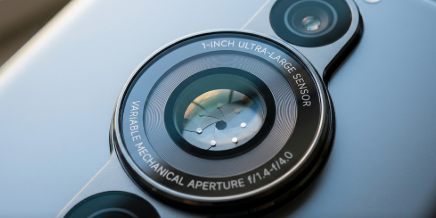 A close-up of a modern smartphone camera lens highlighting the 1-Inch Sensor and mechanical aperture.