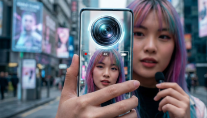 A modern 2026 smartphone displaying the powerful 50MP "Oversized Selfie Lens" used for professional vlogging.
