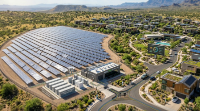 A modern residential estate using off-grid power architecture with a centralized solar array.