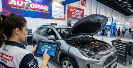  A mechanic using professional workshop-oriented diagnostic tools to scan a hybrid car at the AUTOPAR 2026 event.

