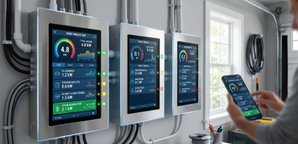  A modern residential installation of smart breaker panels displaying digital interfaces for real-time circuit-level energy tracking.
