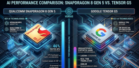 A high-tech comparison graphic showing the Snapdragon 8 Gen 5 vs. Tensor G5 logos on a futuristic circuit board representing AI performance.

