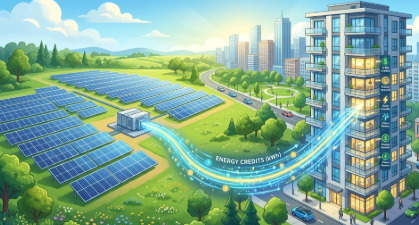 A digital illustration showing how community solar for renters transfers energy credits from a solar farm to an urban apartment building.
