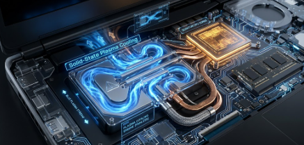 A futuristic laptop interior showing a Solid-State Plasma Cooling system moving blue ionized air without mechanical fans.